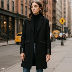 Izzue Longline Wool-Blend Coat with Faux Leather Trim | Modern Minimalist Edge